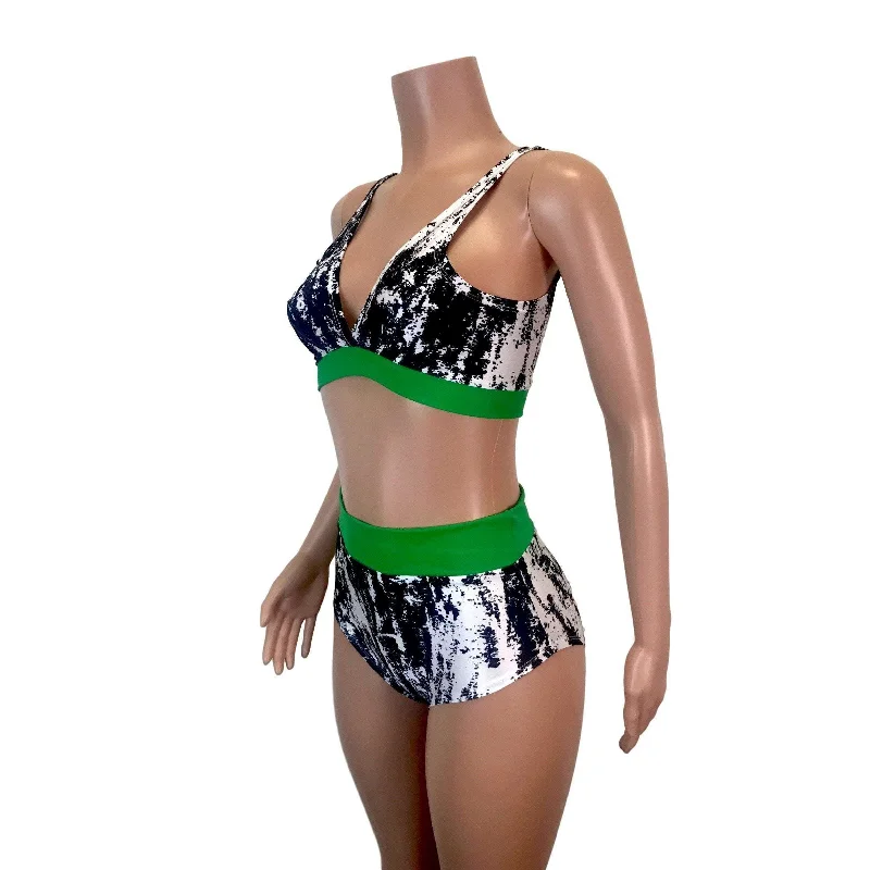 SALE - SMALL ONLY - Black, White & Green High Waist Bikini Outfit Full coverage bikini set, Modest, Comfortable, Stylish