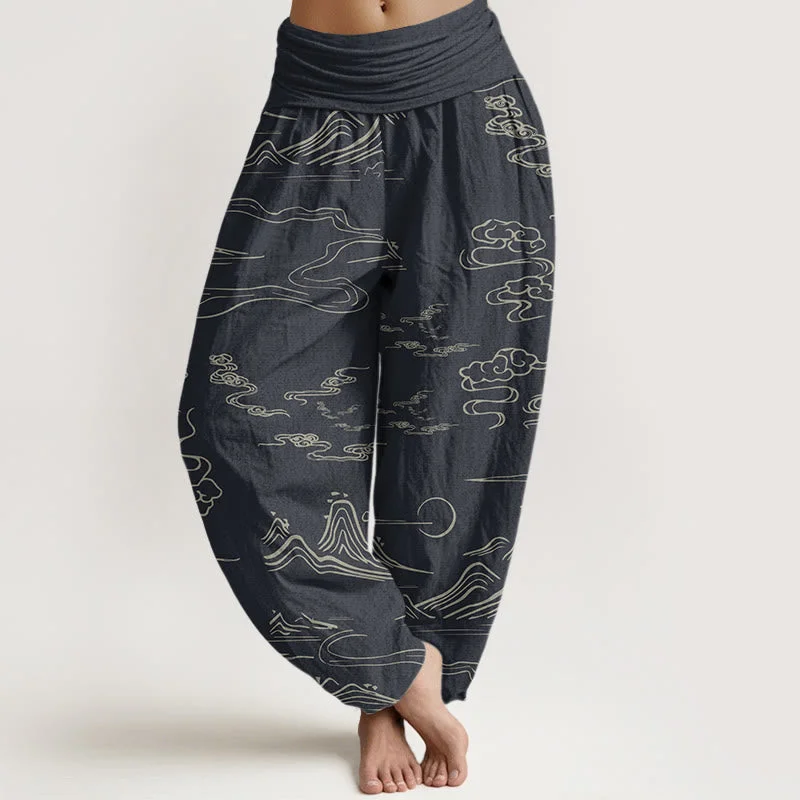 Buddha Stones Mountain Moon Auspicious Clouds Pattern Women's Elastic Waist Harem Pants Trendy High-Waist Trousers Buddha Stones Mountain Moon Auspicious Clouds Pattern Women's Elastic Waist Harem Pants Trendy High-Waist Trousers