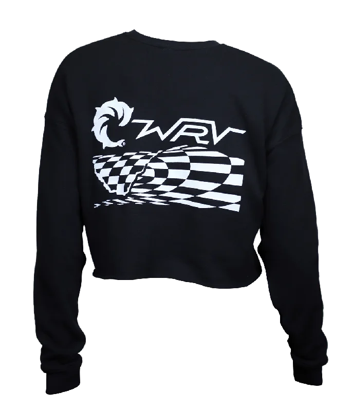 Checker Wave Ladies Crop Crew Sweatshirt Hoodie with Monochrome Minimalist Simple