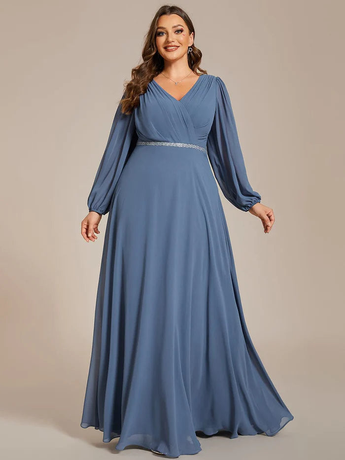 Plus Size A-Line V-Neck See-Through Long Sleeves Shiny Belt Chiffon Evening Dress Tunics Modern contemporary Plus Size A-Line V-Neck See-Through Long Sleeves Shiny Belt Chiffon Evening Dress Tunics Modern contemporary