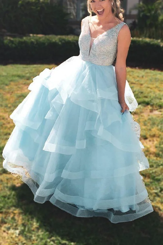Blue A-line V Neck Chrming Tiered Long Beaded Prom Dresses Tunics Fall fleece