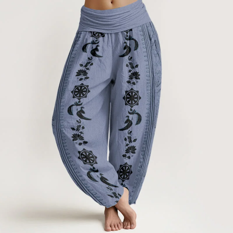 Buddha Stones Dharma Wheel Lotus OM Pattern Women's Elastic Waist Harem Pants Chic Faux Leather Pants Buddha Stones Dharma Wheel Lotus OM Pattern Women's Elastic Waist Harem Pants Chic Faux Leather Pants