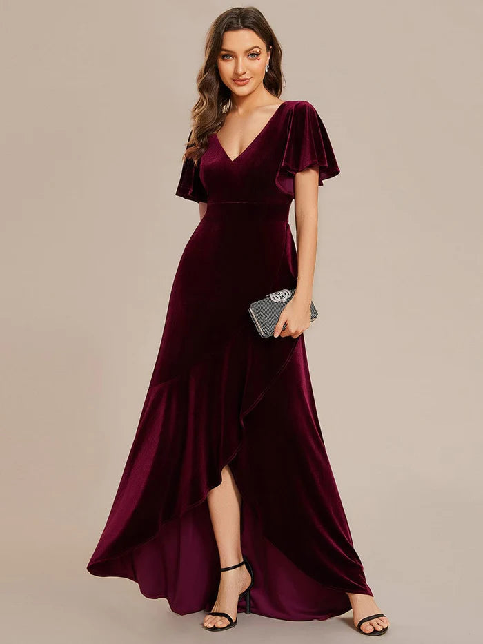 Double V-Neck Short Sleeves Stretchy Velvet Evening Dress with Lotus Leaf Hem Tunics Bridal satin Double V-Neck Short Sleeves Stretchy Velvet Evening Dress with Lotus Leaf Hem Tunics Bridal satin