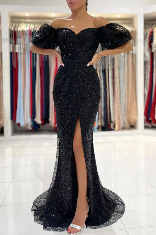 Black Off the Shoulder Mermaid Sequined Slit Formal Evening Dresses Long Prom Dresses Tunics Chic fashionable Black Off the Shoulder Mermaid Sequined Slit Formal Evening Dresses Long Prom Dresses Tunics Chic fashionable
