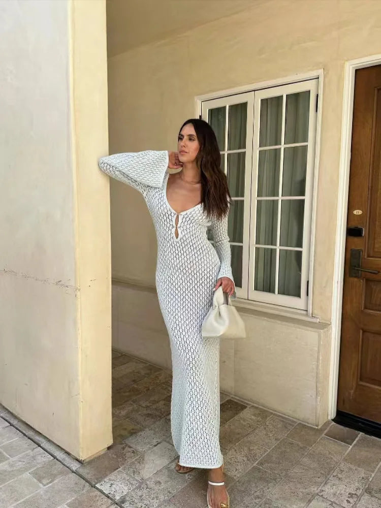 Wjczt 2024 Solid Sey Women Long Knit Beach Dress Hollow-Out Deep V-Neck Long Sleeve Bikini Cover-Ups Dress Fall Backless Holiday Dress Beach bikini, Comfortable, Stylish, Summer Wjczt 2024 Solid Sey Women Long Knit Beach Dress Hollow-Out Deep V-Neck Long Sleeve Bikini Cover-Ups Dress Fall Backless Holiday Dress Beach bikini, Comfortable, Stylish, Summer