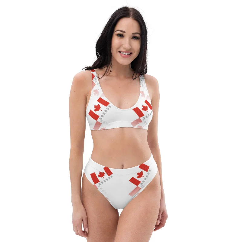 Elegant Maple Leaf Canada Recycled High-Waisted Bikini Bikini with a bow, Feminine, Trendy, Chic Elegant Maple Leaf Canada Recycled High-Waisted Bikini Bikini with a bow, Feminine, Trendy, Chic