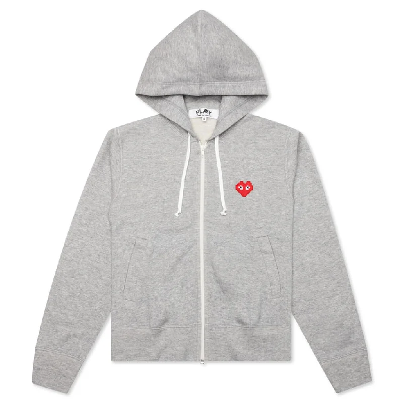 Comme des Garcons PLAY x the Artist Invader Women's Hooded Sweatshirt - Top Grey Hoodie with High-Low Hem Asymmetrical Trendy