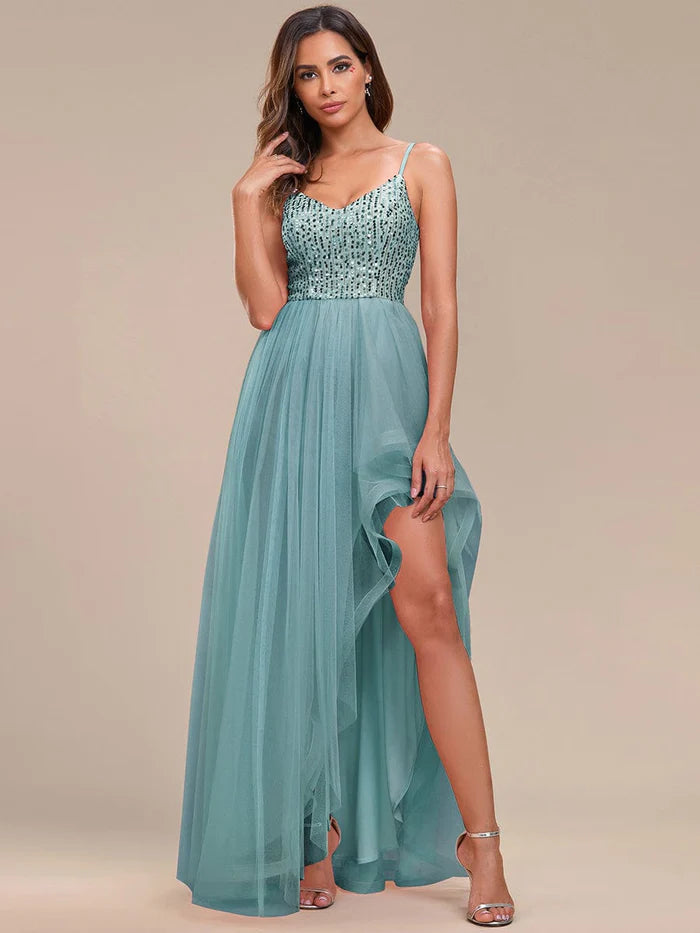Spaghetti Strap Sequin Top A-Line High Low Tulle Evening Dress Tunics Recommended stylist