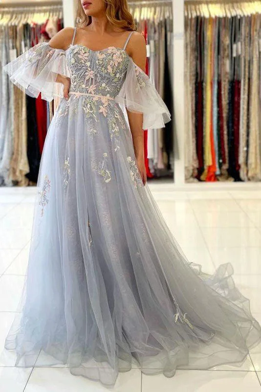 Light Gray Vintage A-Line Tulle Lace Appliques Evening Prom Dresses Tunics Prom sequined