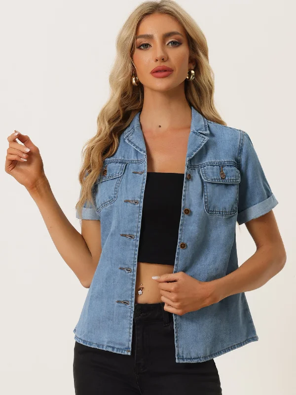 Button Up Collared Short Sleeve Pocket Classic Denim Shirt-- Hooded Caped Shawl Collar