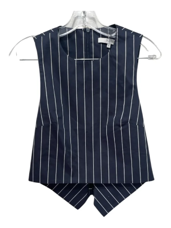 Tibi Size 0 Navy & white Cotton Vertical Stripes Darted Culotte Pant Set Fashionable Jogger Pants