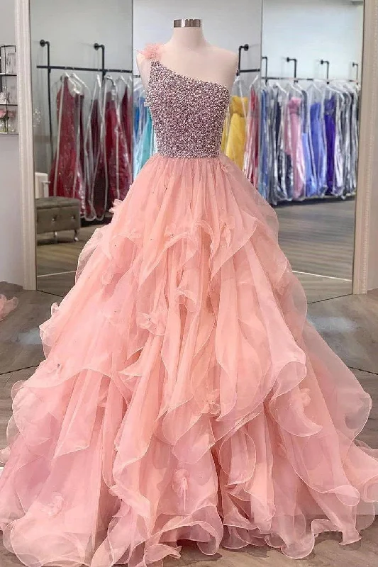 One Shoulder A-line Peach Beaded Flouncing Long Prom Dresses Tunics Brand named