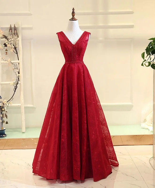 Burgundy V Neck Lace Long Prom Gown Burgundy Evening Dress Tunics Business professional