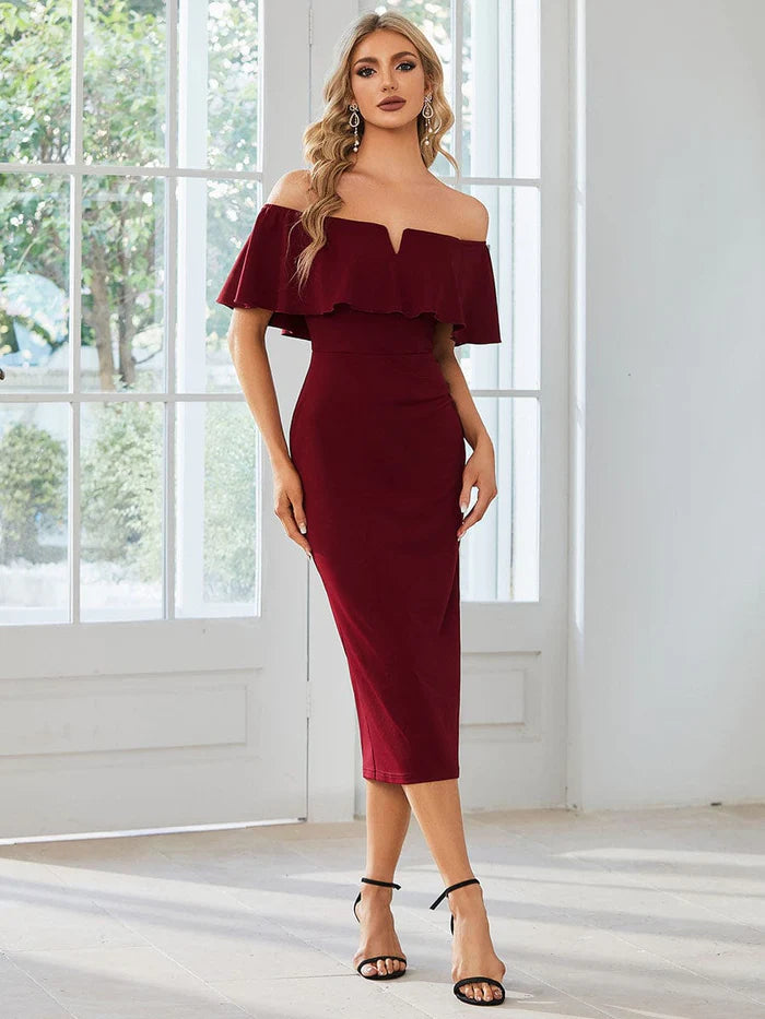 Off The Shoulder Bodycon Tea Length Wedding Guest Dress Tunics Cozy comfortable