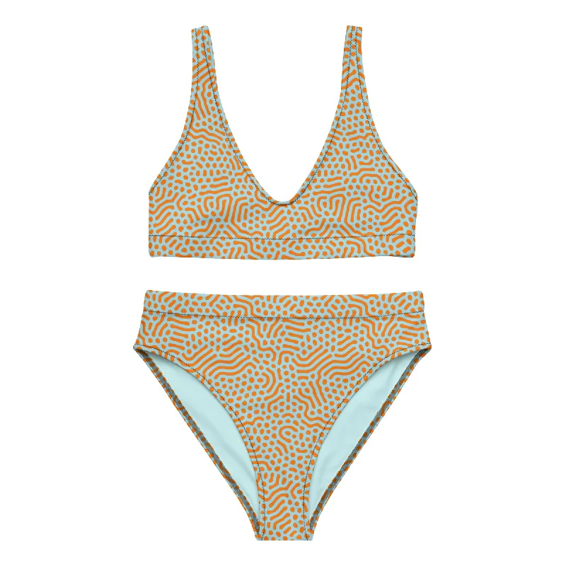 Life League Gear - "High Viz Coral and Blue" - Women's Bikini (Black Trim) Eco-friendly bikini, Sustainable, Trendy, Fashionable