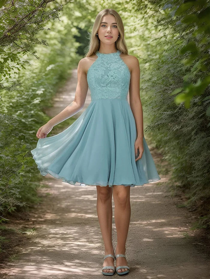 Short Lace Halter Neck Backless Chiffon Homecoming Dress Tunics Trendy modern