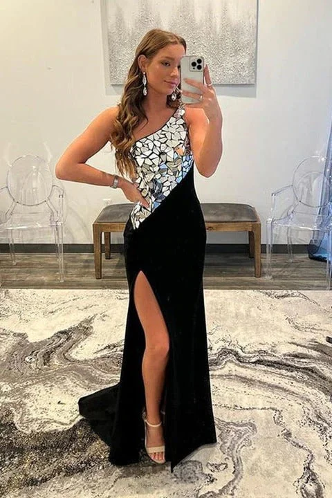 Black Rhinestone One Shoulder Split Floor-length Formal Prom Dresses Tunics Handmade artisanal