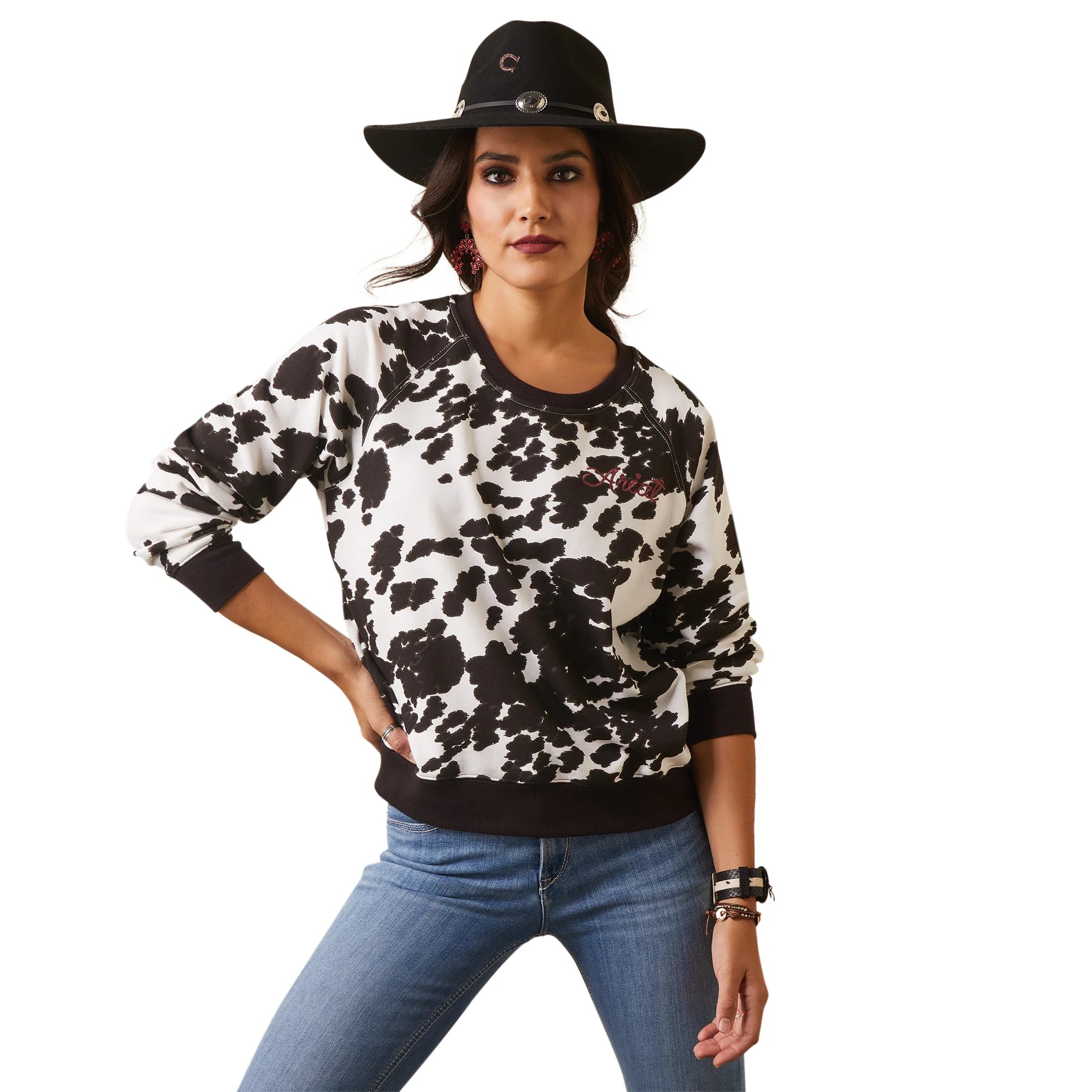 Ariat Womens REAL Hide Crew Sweatshirt Holstein Cow Print Hoodie with Hem Elastic Stretchable Comfortable