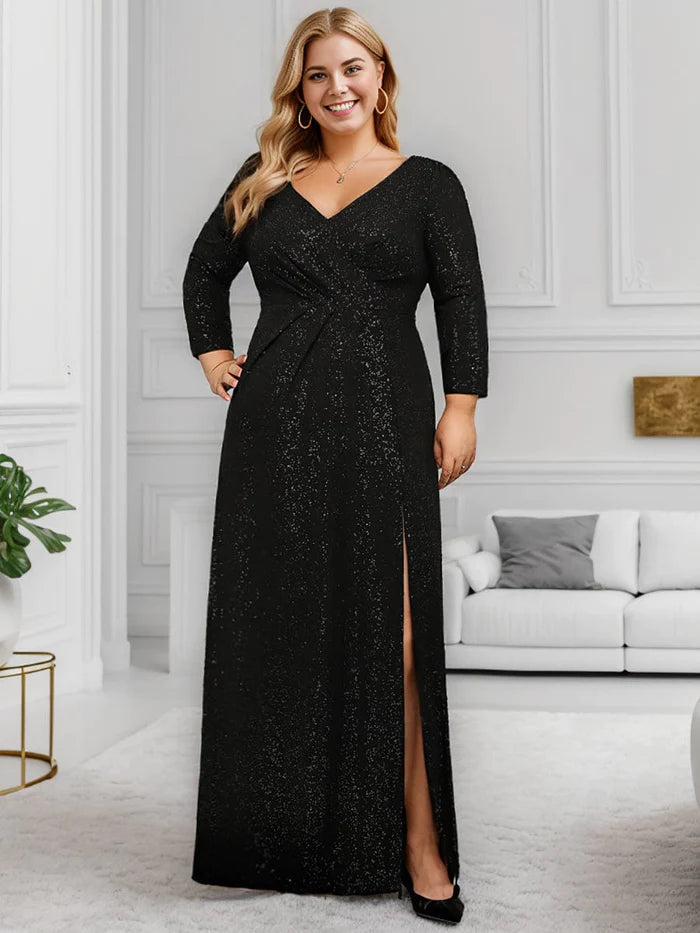 Plus Size Sparkling Long Sleeves Double V-Neck Sequin Evening Dress Tunics Wedding white