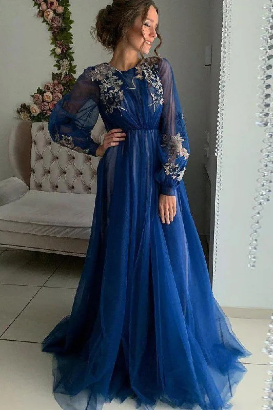 Long Evening Dresses Charming A Line Long Sleeve Tulle Appliques Prom Dresses Tunics Silk luxurious Long Evening Dresses Charming A Line Long Sleeve Tulle Appliques Prom Dresses Tunics Silk luxurious