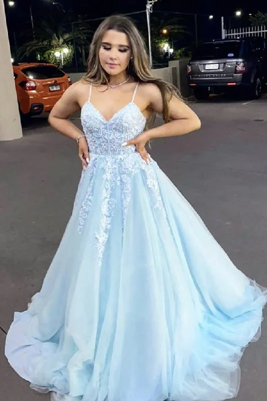 Light Blue Lace Appliques A-Line V-Neck Spaghrtti Straps Formal Evening Dresses Long Prom Dresses Tunics Designer luxury Light Blue Lace Appliques A-Line V-Neck Spaghrtti Straps Formal Evening Dresses Long Prom Dresses Tunics Designer luxury