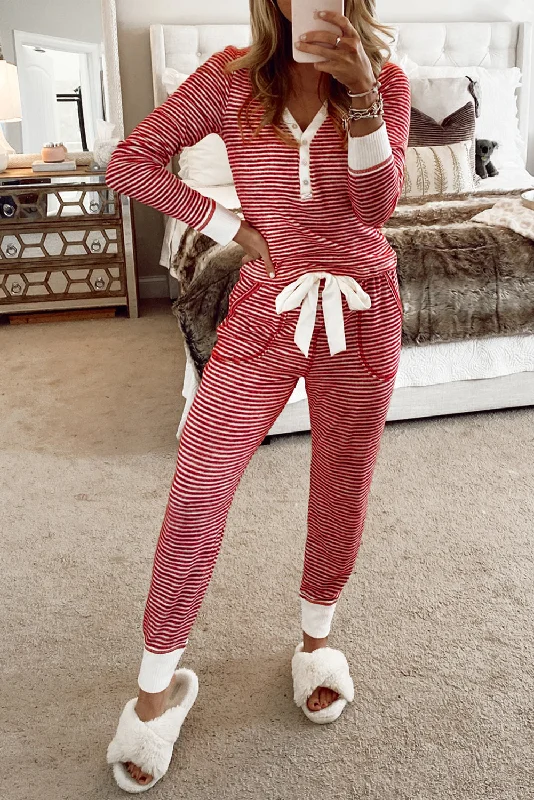 Red Stripe Buttoned V Neck Top and Knotted Waist Pants Lounge Set Comfy Zip-Up Pants