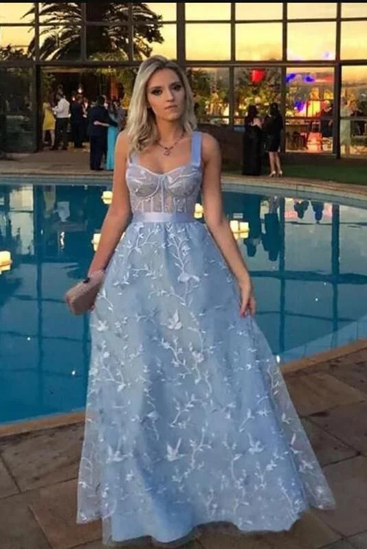 Chic Sky Blue Floor Length Lace A-Line Evening Dresses Straps Prom Dresses Tunics Prom sequined Chic Sky Blue Floor Length Lace A-Line Evening Dresses Straps Prom Dresses Tunics Prom sequined
