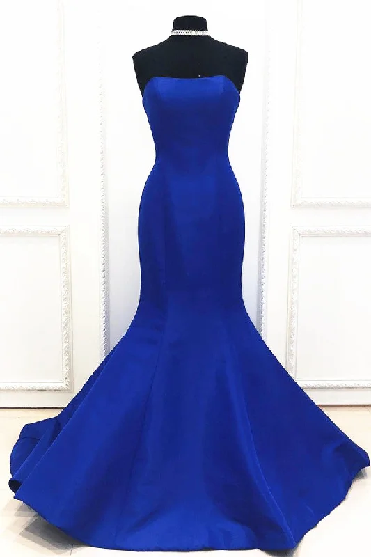 Mermaid Strapless Royal Blue Long Evening Dress Elegant Long Evening