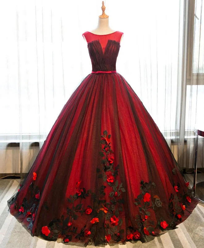 Burgundy Round Neck Tulle Lace Applique Long Prom Dress, Burgundy Evening Dress Tunics Seasonal trendy Burgundy Round Neck Tulle Lace Applique Long Prom Dress, Burgundy Evening Dress Tunics Seasonal trendy