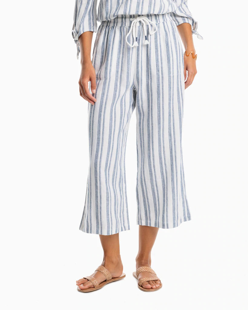 Southern Tide Women's Malisa Striped Wide Leg Crop Pant - Aged Denim Formal Dress Pants