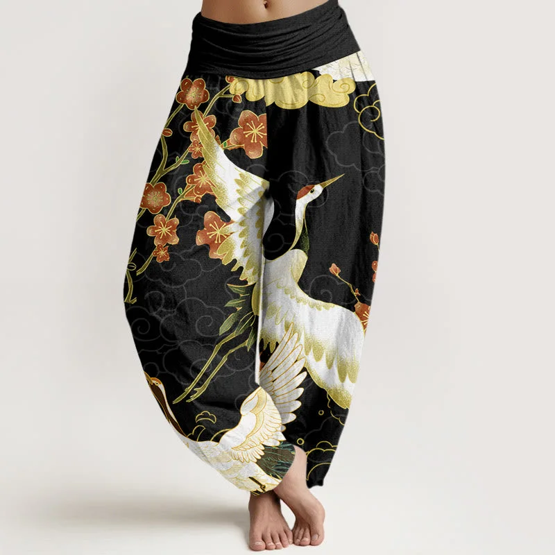 Buddha Stones Cranes Flowers Auspicious Clouds pattern Women's Elastic Waist Harem Pants Warm Wool Trousers Buddha Stones Cranes Flowers Auspicious Clouds pattern Women's Elastic Waist Harem Pants Warm Wool Trousers