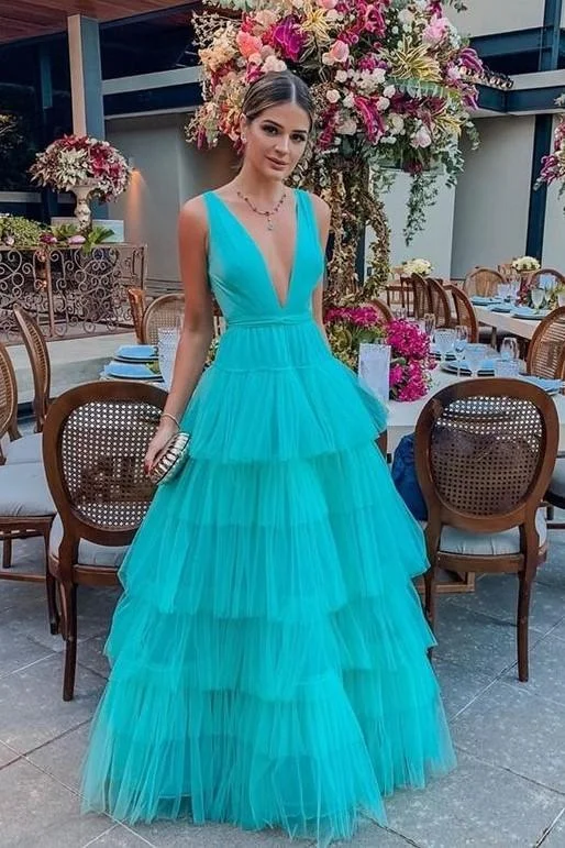 Spa Deep V-neck A Line Tiered Skirt Long Party Gowns Charming Tulle Prom Dresses Tunics Ceremony elegant Spa Deep V-neck A Line Tiered Skirt Long Party Gowns Charming Tulle Prom Dresses Tunics Ceremony elegant
