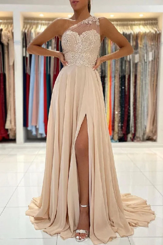 Champagne Chiffon A-Line One Shoulder Formal Evening Dresses Long Appliques Prom Dresses Tunics Stylish elegant Champagne Chiffon A-Line One Shoulder Formal Evening Dresses Long Appliques Prom Dresses Tunics Stylish elegant