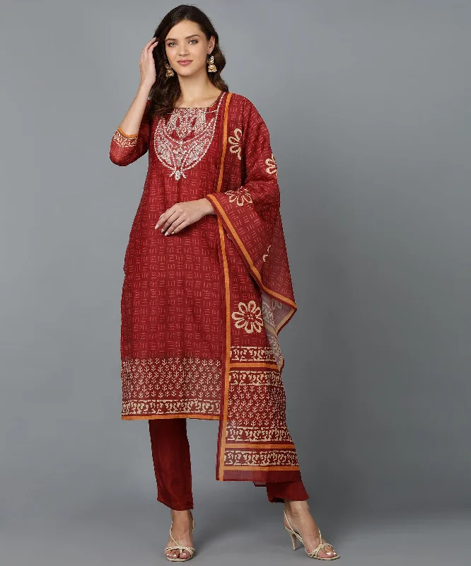 Bani Women Yoke Embroided Kurta Pant Set with Dupatta Rust & Teal Formal Stretch Pants