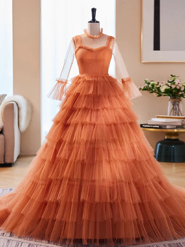 Unique High Neck Tulle Long Prom Dresses, Orange Formal Evening Dresses Tunics Bestseller popular Unique High Neck Tulle Long Prom Dresses, Orange Formal Evening Dresses Tunics Bestseller popular