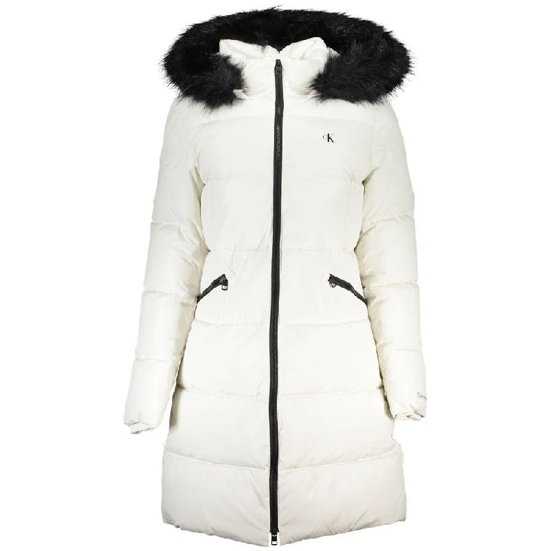 Calvin Klein Elegant Long Sleeve Jacket with Fur-Trimmed Hood Chenille Fabric Brocade Fabric Lace Fabric Calvin Klein Elegant Long Sleeve Jacket with Fur-Trimmed Hood Chenille Fabric Brocade Fabric Lace Fabric