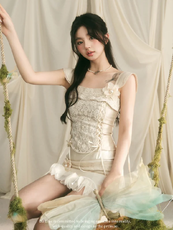 Delicate flower lace ribbon top & flower motif tight mini skirt BBB0046 chiffon skirt delicate