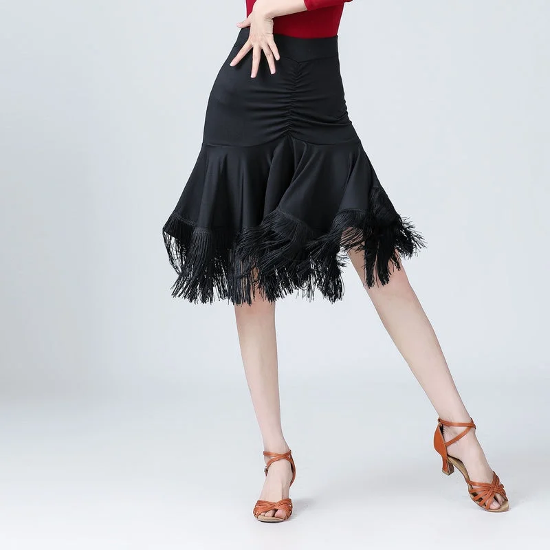 Black Tassel Ruffle Latin Dance Skirt silk skirt smooth