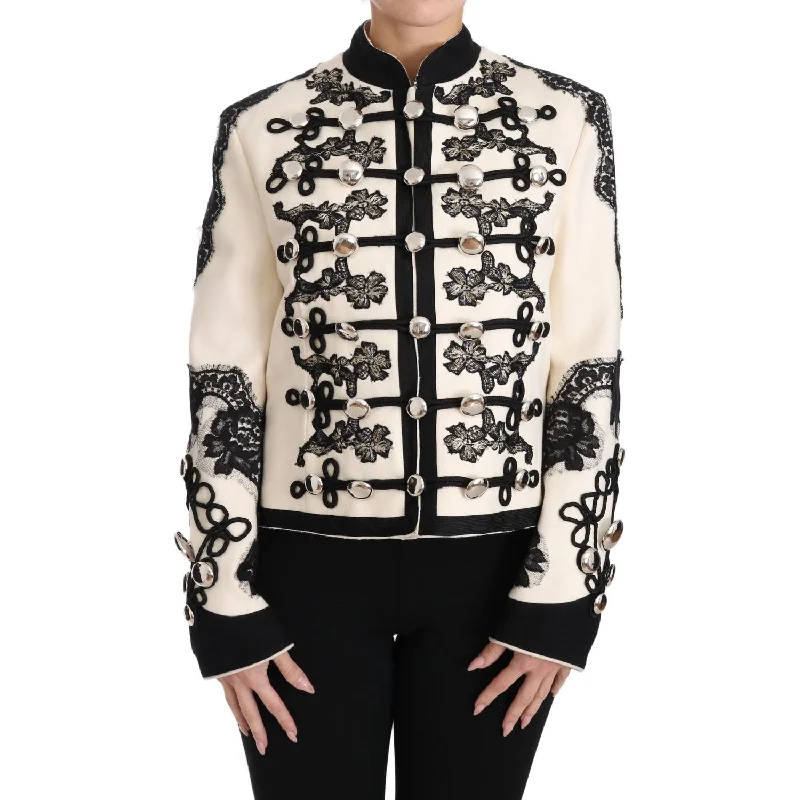 Dolce & Gabbana Elegant Off-White Baroque Jacket Welt Pockets Slit Pockets Flap Pockets