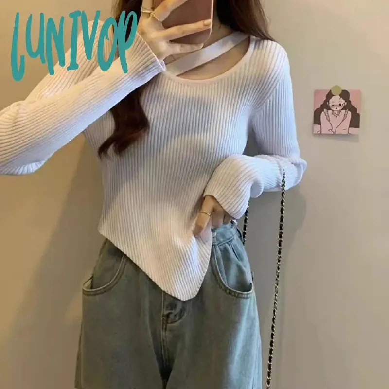 Lunivop Autumn Women Irregular Hem Sweet Sweaters Solid Long Sleeve Slim Knit Pullover For Women Bottoming Knitwear Sweater