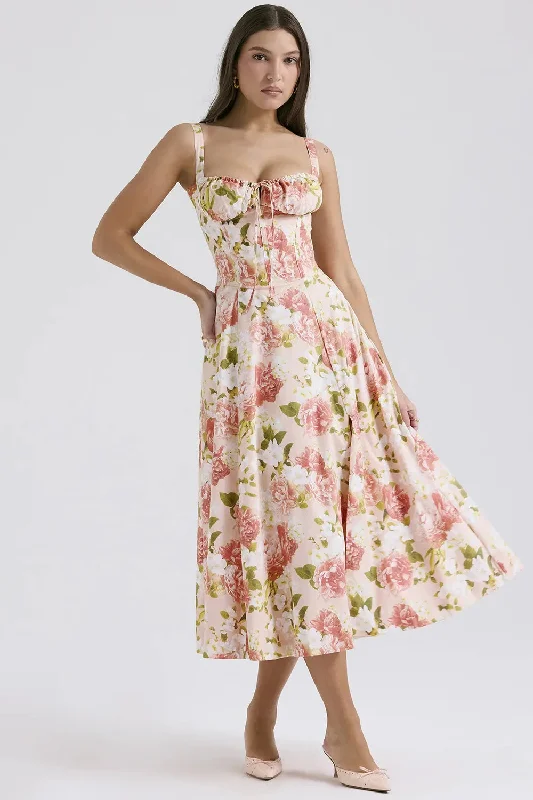 Vintage Floral Print Dress Women Summer Backless Casual Maxi Dress