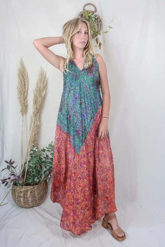 Siren Maxi Dress - Paprika and Parakeet Paisley Forrest - Vintage Indian Silk - M/L