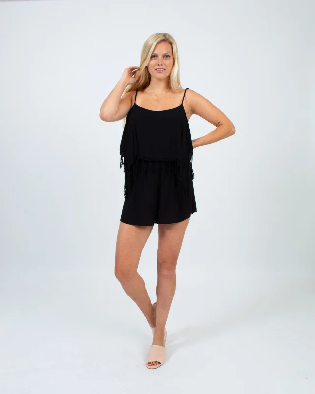 Black Fringe Romper Patterned Sleeveless Romper Trend