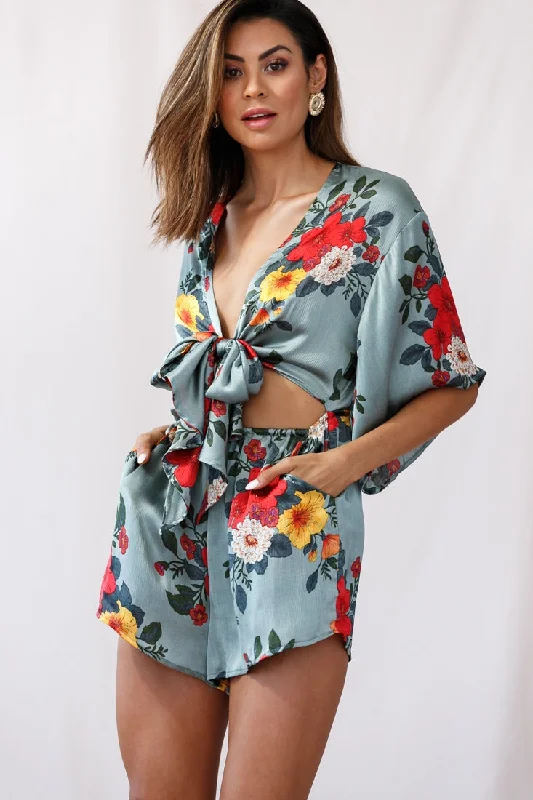 Rivera Tie-Knot Bell Sleeve Romper Sage Subtle Sparkle Romper Chic
