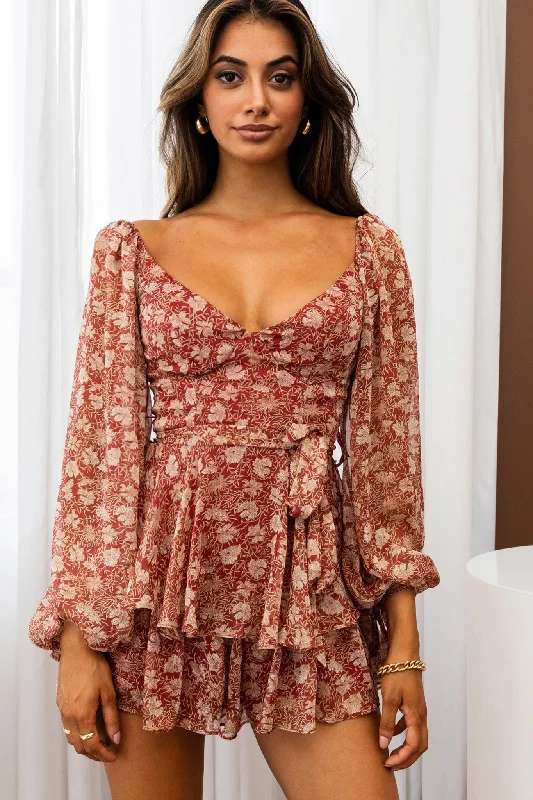 True Love Long Balloon Sleeve Layered Flounce Romper Floral Print Wine Elegant High-Waist Romper Chic