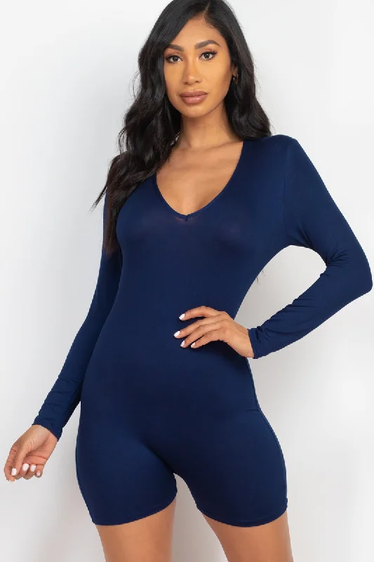 Long-sleeve V-neck bodycon romper Romper with belt women